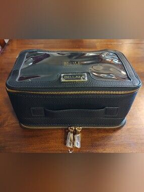 BELLAMI Black Toiletry Case with Clear Top and Gold Accents